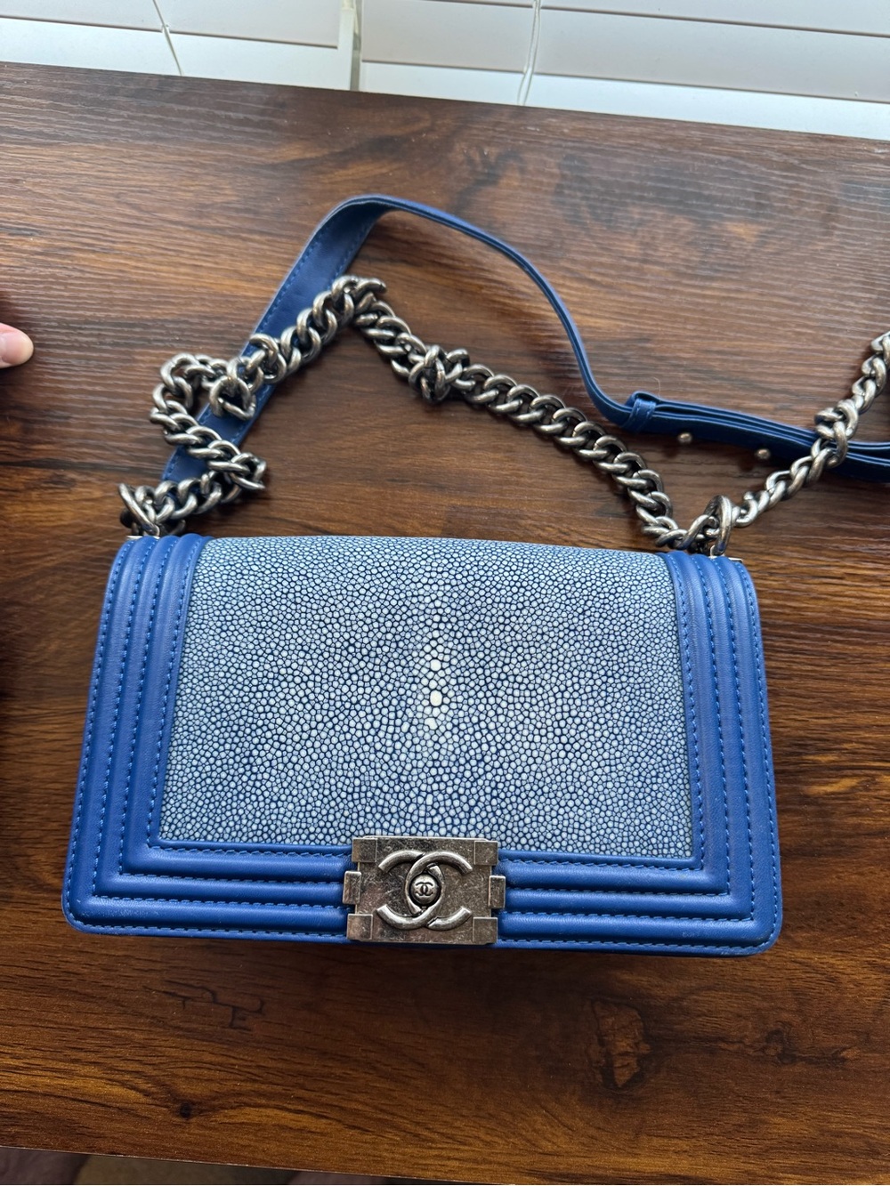 CHANEL Blue Stingray Boy Flap Shoulder Bag. Like New. Exotic.